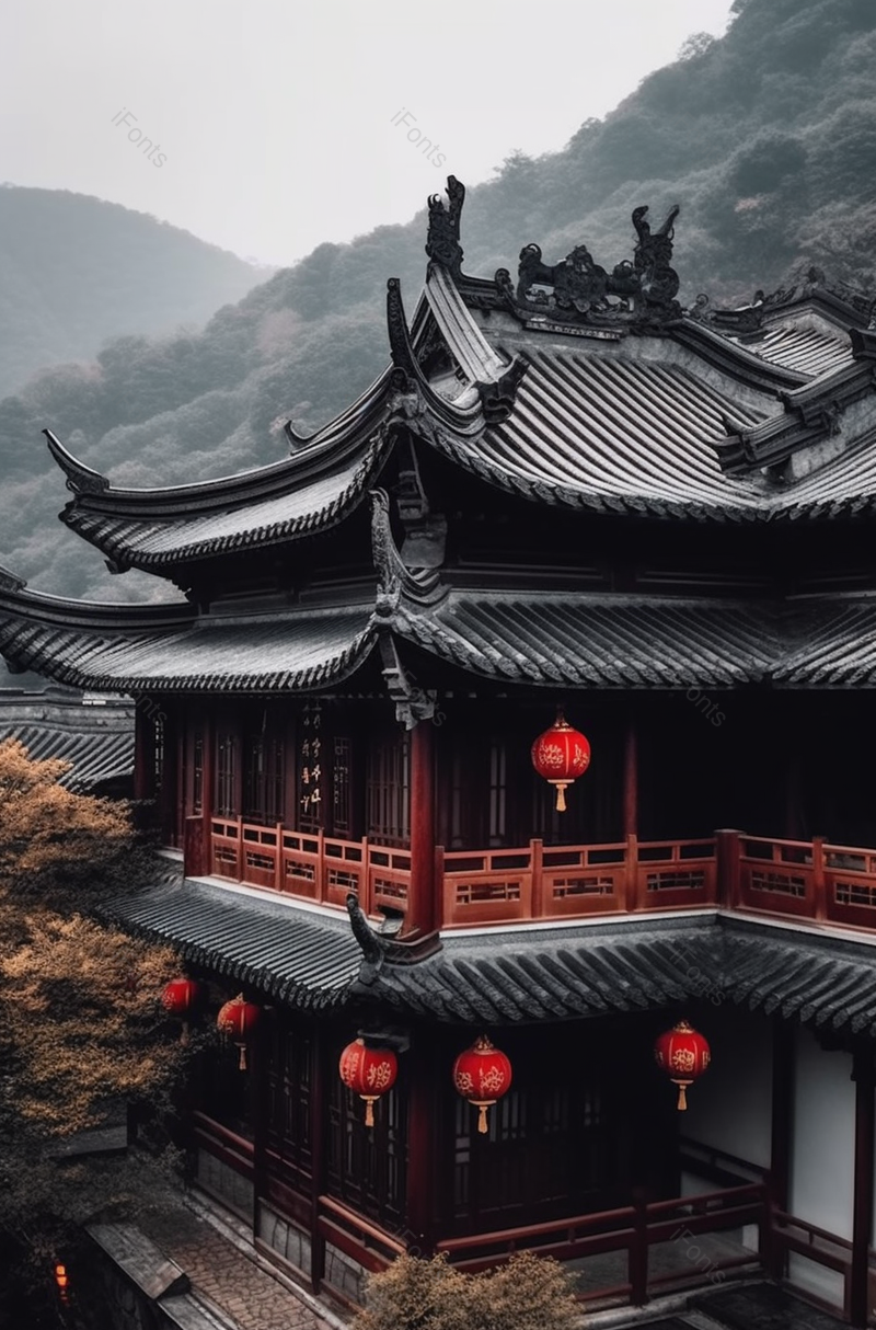 高山下的亭台楼阁建筑背景,高清,摄影图,摄影图片,图片大全,摄影图免费下载